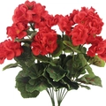 Vibrant red artificial geranium flowers with realistic green leaves on a white background - 14" / Red