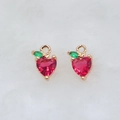 Magenta heart-shaped micro-pave crystal fruit pendant with green leaf and gold finish - Peach