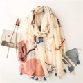 Floral beige scarf with tassels, lightweight cotton-linen feel pashmina with vintage print - Beige Abstract Floral with Tassels / 180x90cm