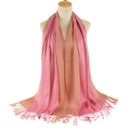 Close-up of pink and champagne gold shawl with geometric jacquard and tassels - 170cm x 60cm / Leather Red