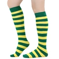 Detailed view of yellow and green striped calf socks with ribbed cuffs on model legs - Straight Without Heel / Oil Green And Yellow Wide Stripe