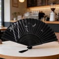 Classic black folding fan with silver bamboo and dragonfly pattern and black tassel - Style 35 (Bamboo Meaning Cool Breeze) (New Style)