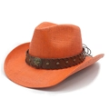 Detail of orange straw cowboy hat featuring brown leather band and star metal buckle - M (56-58cm) / Orange