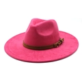 Detail of fuchsia wide brim fedora hat with brown suede band and golden metal buckle - M (56-59cm) / Rose Red