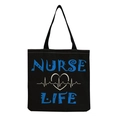 Black canvas nurse life tote bag with blue artistic font and white heart ECG pattern - Black Blue NURSE LIFE ECG Style (hm7000)