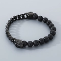 All-black men's beaded bracelet with lava stone, metal skulls, and Cuban chain link - Black + Lava Stone (KB70709-BD)