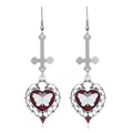 Boucles d'oreilles argentées avec croix inversée, cœur émail rouge et motif papillon - Croix Inversée Coeur Papillon