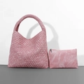 Pink woven bucket bag with matching pouch, stylish large capacity tote for women - Denim Pink