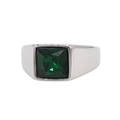 Silver square signet ring for men featuring a large emerald green gemstone center - Steel Green Stone