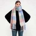 Winter plaid tassel scarf for women featuring multi-color pink and blue cashmere-like fabric - Pink Blue Green Plaid