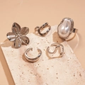 5-piece silver metal ring set featuring pearl flower and irregular minimalist designs - Silver