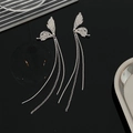 Elegant silver butterfly tassel earrings featuring long hanging metallic chain fringe - Butterfly Texture Tassel Style (M-687)