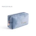 Peacock blue velvet makeup bag with zipper closure and Beautyforyou embroidery decoration - Square Bag / Teal