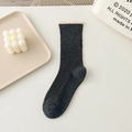 Ribbed crew socks in dark grey featuring a contrasting beige scalloped lace cuff design - One Size / Dark Gray
