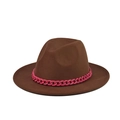 Detailed view of a brown wide-brim wool fedora hat with a bold pink plastic chain accessory - Color 11
