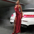Elegant red satin halter maxi dress with backless design and high side slit for women - S / Red