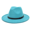 Classic bright teal wool fedora hat with a studded black leather band for women - M (56-58cm) / Lake Blue