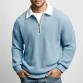 Hellblaues Herren-Sweatshirt mit Waffelstruktur, Viertel-Reißverschluss und weißem Kragen - S / Hellblau