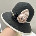 French retro straw sun hat with black woven texture, pearl band and camellia floral decor - M (56-58cm) / Black