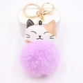 Cute lucky cat plush ball keychain with golden metal hardware and purple faux fur - Gold Buckle Cat / Taro Purple