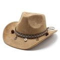 Khaki Cowboyhut aus Wildlederimitat mit Stickerei-Band und Muschel-Münzanhänger - M (56-59cm) / Camel