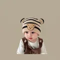 Striped baby knit hat with bear ears and matching beige corduroy dress outfit - Striped Bear Off-white (2 Months - 2 Years Old)
