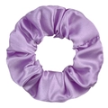 Detail of a purple satin scrunchie showing glossy texture and elastic pleated design - Medium Purple