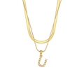 Double-layered gold necklace featuring a snake chain and letter U pearl pendant - Letter U