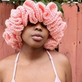 Pink oversized ruffled knit beanie with crochet ruffle brim for women in boho street style - Adult 56-59cm / Light Pink