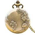 Vintage bronze quartz pocket watch with floral embossed back and elegant metal chain link - Bronze - Three Flowers Relief
