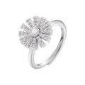Vista detallada de anillo de girasol plateado con pétalos de diamantes brillantes - Platino Circonita Blanca