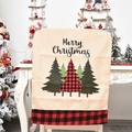 Linen Christmas chair cover with red plaid trees and Merry Christmas print - Christmas Tree Style Chair Cover