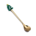 Golden stainless steel dessert spoon with green Christmas tree silicone decoration - Christmas Tree Spoon / Titanium Gold