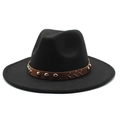 Chapeau fedora en laine noire de style britannique avec bande en cuir riveté rétro - M (56-58cm) / Noir