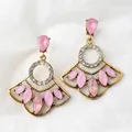 Bohemian fan-shaped earrings with pink gemstones and white zircon in golden finish - Pink Opal