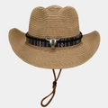 Vintage strooien cowboyhoed met etnische band en zilveren stierkop-bedel op wit - Eén maat / Beige & Kaki Tweekleurig