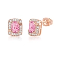 Elegant rose gold stud earrings featuring a rectangular pink gemstone with a white diamond halo - Rose Gold + Pink Stone Earrings