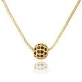 Close-up of golden box chain with a hollow grid ball pendant featuring black gemstones - Black