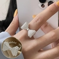 Silver beaded bow ring with vintage hollow design and adjustable open band for women - Silver Beaded Bow Set(JZ7640)