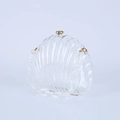 Transparente Acryl-Clutch in Muschelform mit goldenem Verschluss und Kettenriemen - Transparente Muschel-Tasche + Acrylkette + O-Kette