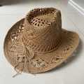 Detail of hand-woven straw cowboy hat with breathable hollow pattern and knotted cord - M (56-58cm) / Dark Coffee