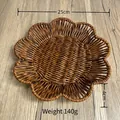 Brown petal-shaped woven rattan serving tray for bread and snacks, 25cm diameter - Plum-Shaped Medium / Dark Coffee