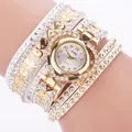 Elegant gold heart shaped rhinestone quartz watch with white leather wrap strap for women - White