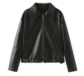 Women's black PU leather jacket with classic lapel and metallic zipper on white background - XS / Black