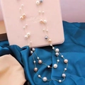Detail of multi-color pearls with gold chain on silk, long layered necklace view - Multicolor Pearl + Gold Chain