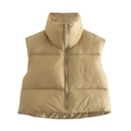 Women's autumn khaki sleeveless puffer vest with stand collar and zipper closure - S / Khaki