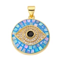 Golden Evil Eye circular charm with blue shell mosaic inlay and white zircon stones - Blue Round Shell Eye Pendant-60