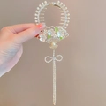 Elegante fermaglio per capelli in perle con ciondolo a ventaglio e lunghe nappe di strass - J44 Fibbia per Capelli Nappa Fiore a Ventaglio