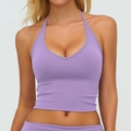 Slim fit lavender halter yoga vest with deep V-neck in high elastic quick-dry fabric - Lilac Purple