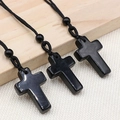 Three-piece set of natural black agate stone cross necklaces with braided cords - Obsidian